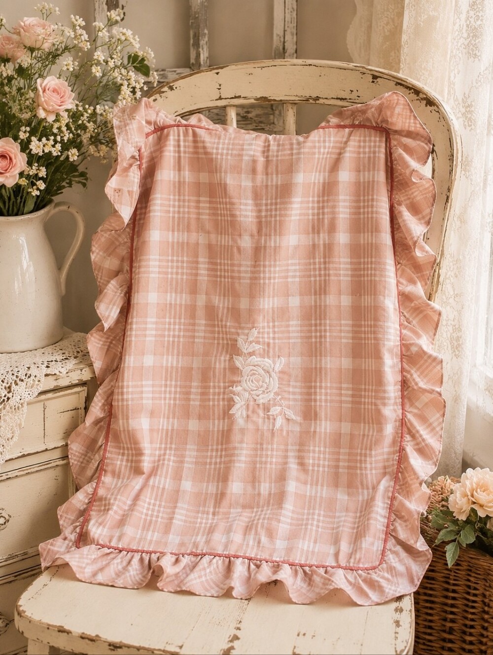 Standard Sham Plaid Ruffle with Embroidered Rose